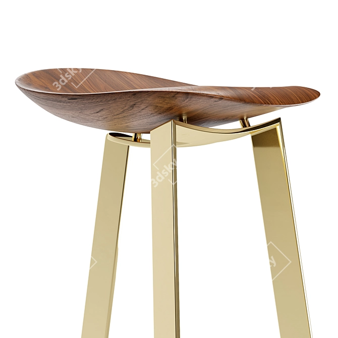 Sleek Wood and Brass Stool 3D model image 2