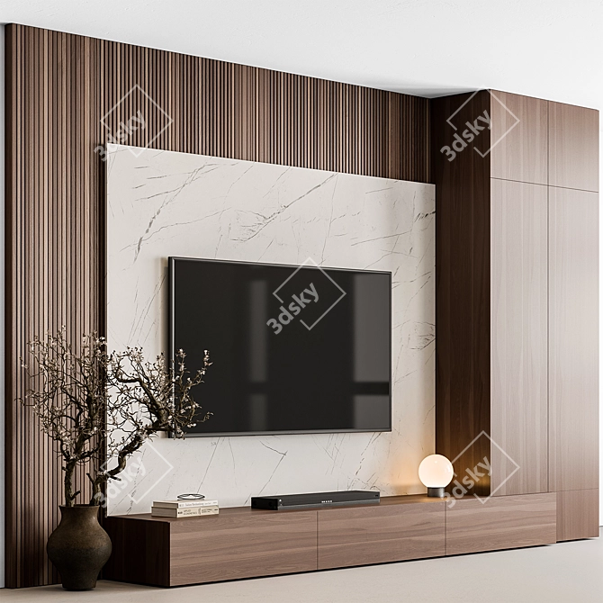 Stone and Wood TV Wall Set 3D model image 1