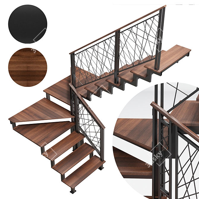 Steel Loft Staircase with Winders 3D model image 1