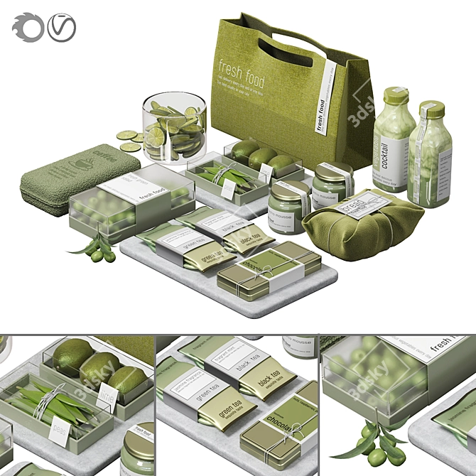 Green Kitchen Decor Set, Modular Design (Corona/Vray) 3D model image 1