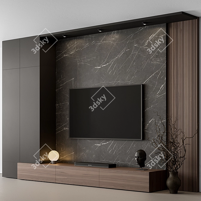 Rustic Stone Wood TV Wall 3D model image 1