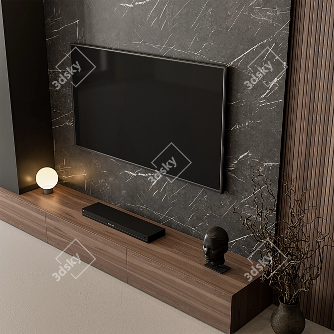 Rustic Stone Wood TV Wall 3D model image 2