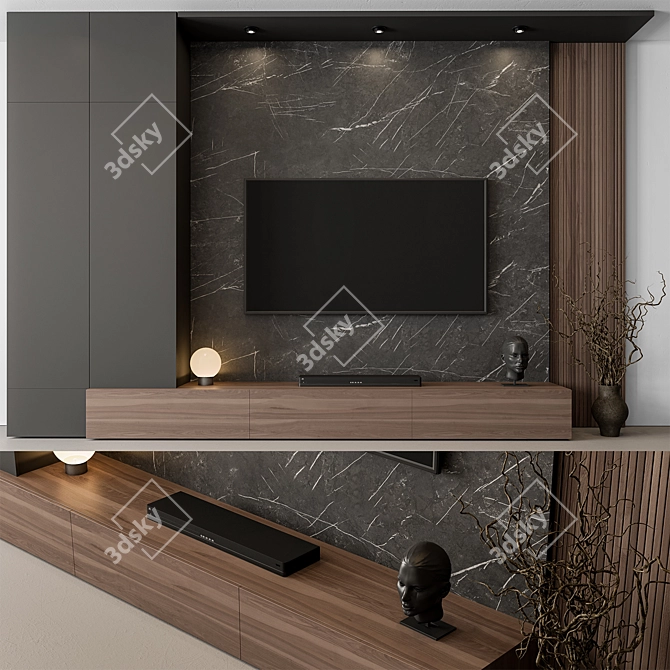 Rustic Stone Wood TV Wall 3D model image 3