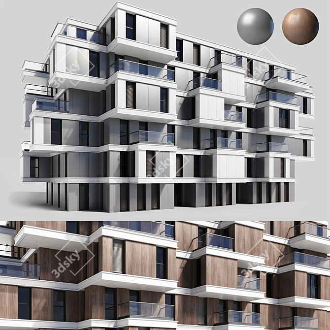 Modern Residential Building with Curtains 3D model image 1