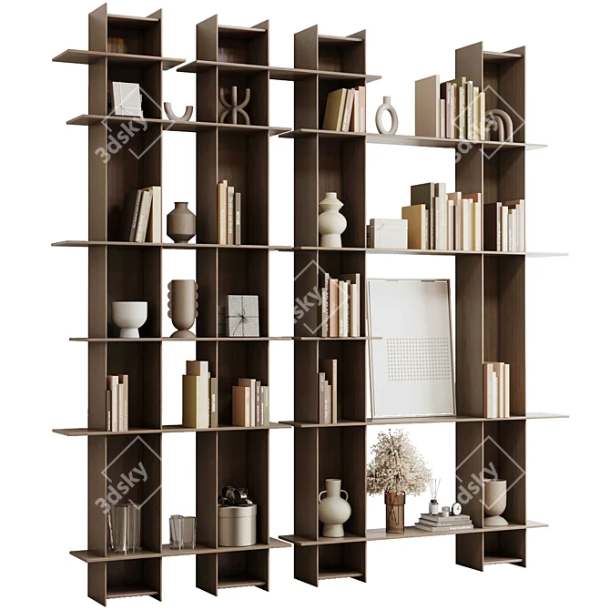 Rustic Wooden Plant Bookshelf Display 3D model image 1