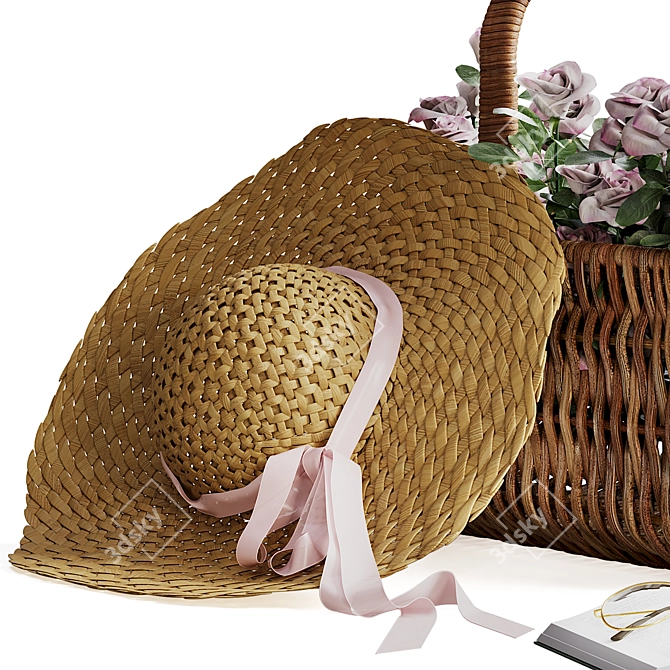 Rose Basket Decor Set with Hat 3D model image 2