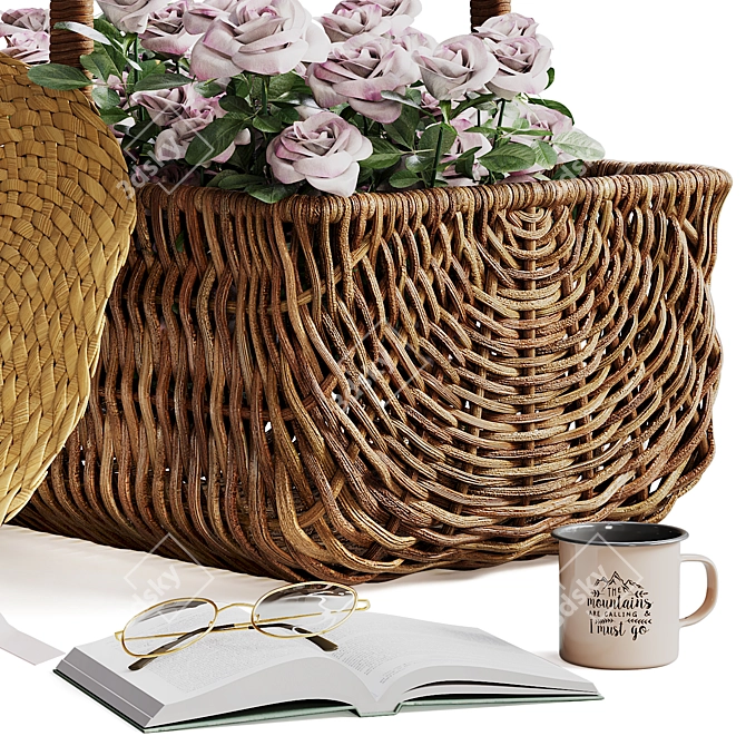 Rose Basket Decor Set with Hat 3D model image 3