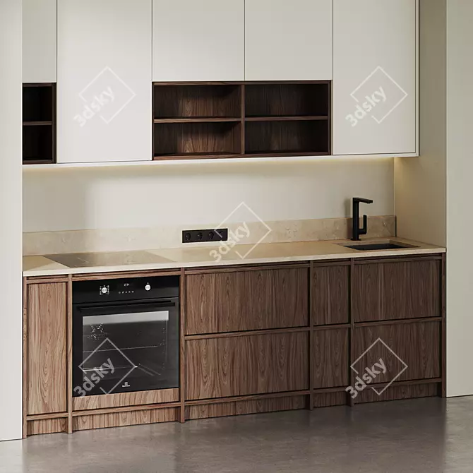 Wood Japandi Modern Kitchen Set 3D model image 3