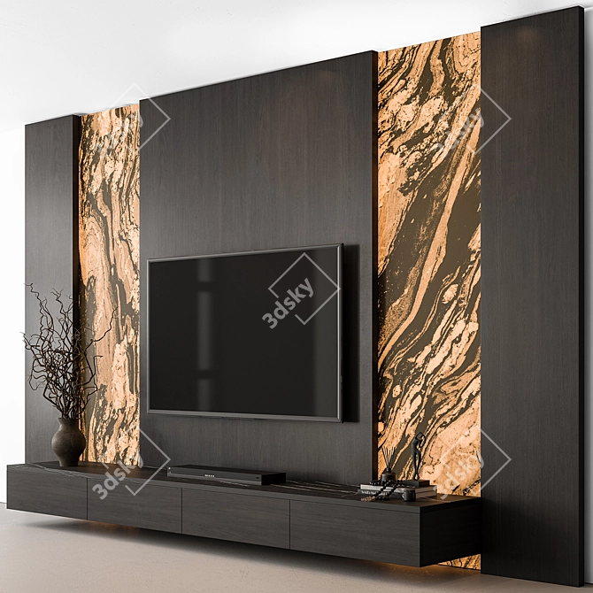 Rustic Stone Wood TV Wall 3D model image 1