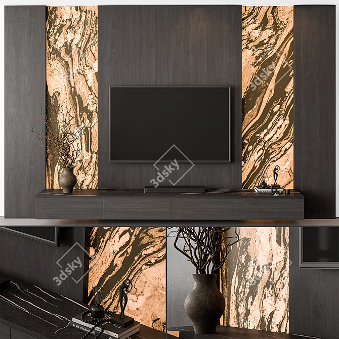 Rustic Stone Wood TV Wall 3D model image 4