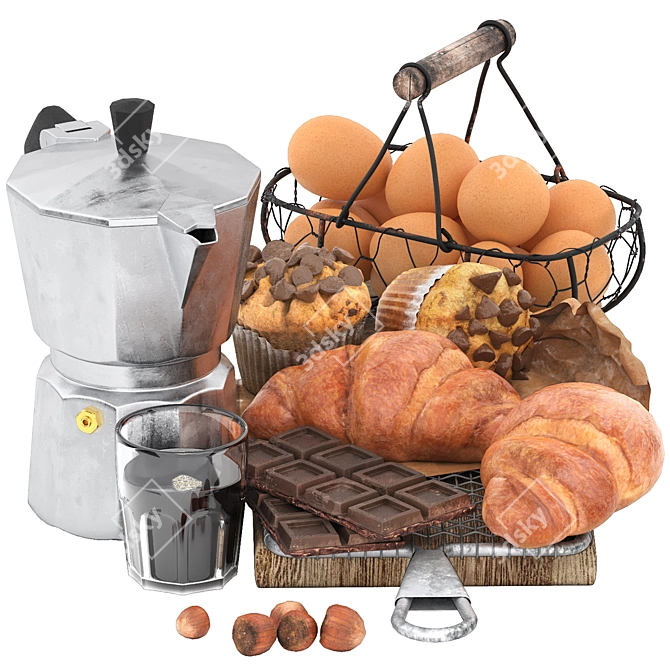 Croissant Chocolate Coffee Breakfast Kit 3D model image 1