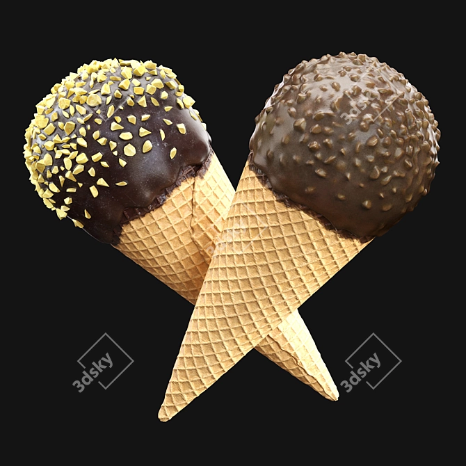 Description Translation: Ice cream cones in chocolate glaze with nuts. Waffle material uses displacement for close-ups, adjust size measurements for distant shots.

 3D model image 2