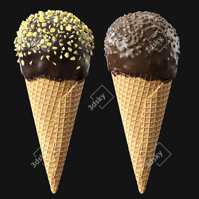 Description Translation: Ice cream cones in chocolate glaze with nuts. Waffle material uses displacement for close-ups, adjust size measurements for distant shots.

 3D model image 3