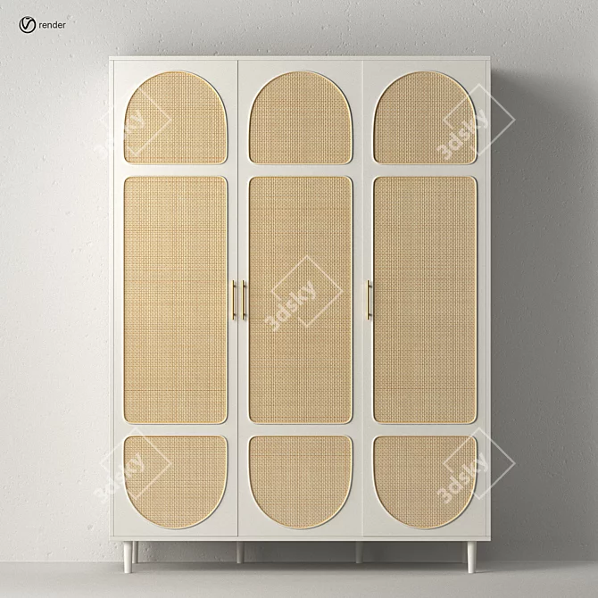 White Rattan 3-Door Wardrobe 3D model image 4