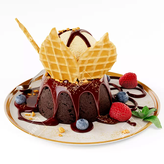 Decadent Chocolate Fondant with Ice Cream 3D model image 4