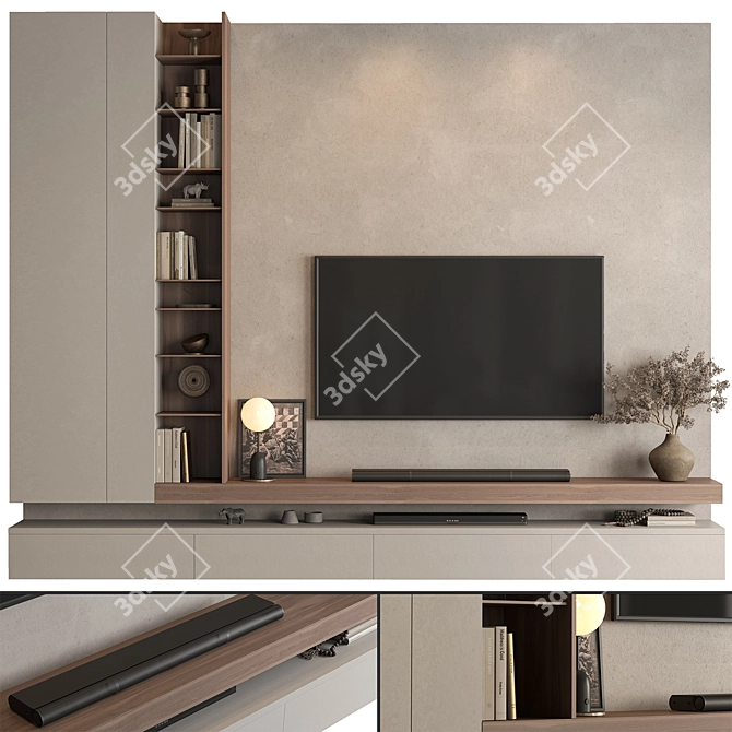 Modern Concrete & Wood TV Wall 3D model image 1