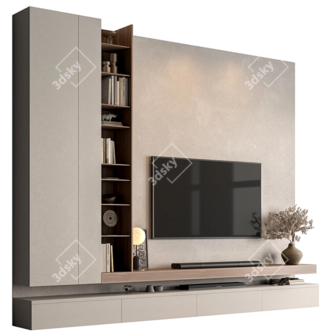 Modern Concrete & Wood TV Wall 3D model image 3