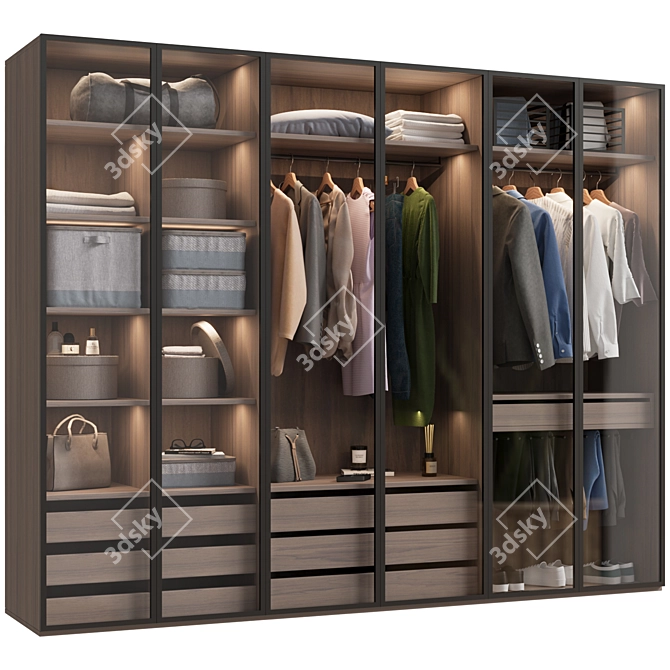 Glass Door Wardrobe With Clothing 3D model image 4