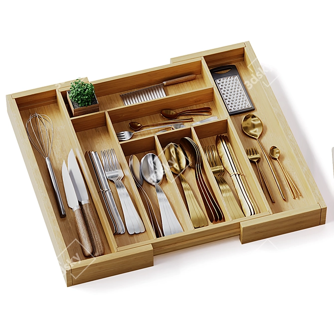 Bamboo Adjustable Silverware Drawer Organizer 3D model image 3