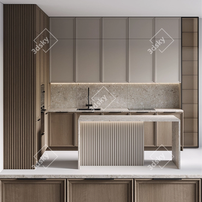 Modern Style Kitchen Set with Built-in Appliances 3D model image 1