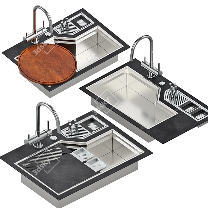 Stainless Steel Sink with Integrated Trough 3D model image 1