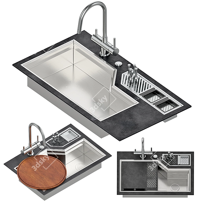 Stainless Steel Sink with Integrated Trough 3D model image 7