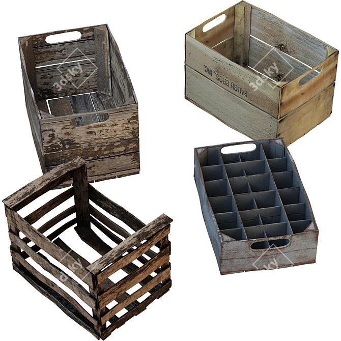 Antique Wooden Storage Crates 3D model image 3