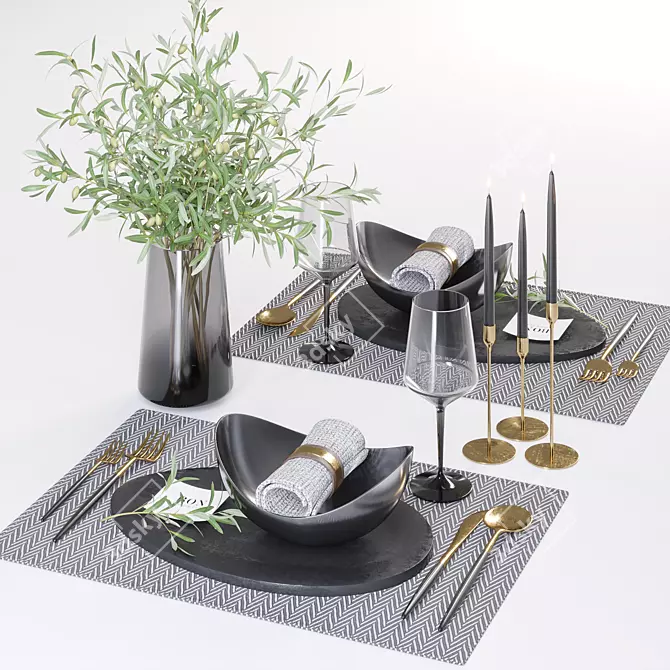 Minimalist Table Set with Olive Branches 3D model image 1