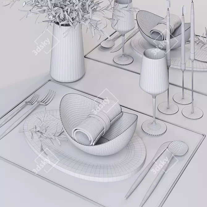 Minimalist Table Set with Olive Branches 3D model image 3