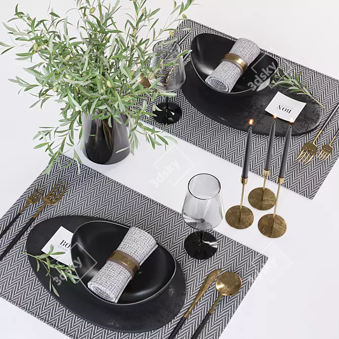 Minimalist Table Set with Olive Branches 3D model image 4