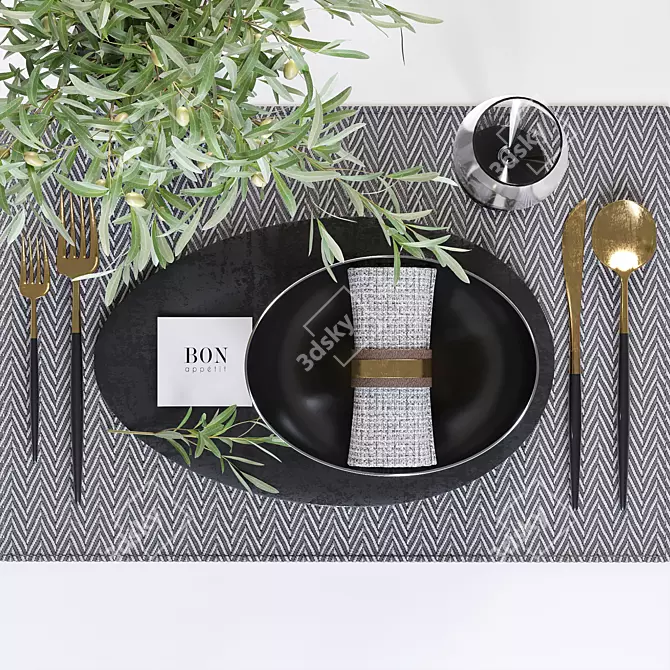 Minimalist Table Set with Olive Branches 3D model image 5