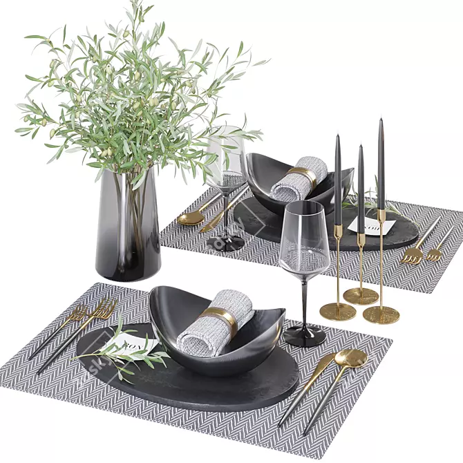 Minimalist Table Set with Olive Branches 3D model image 6