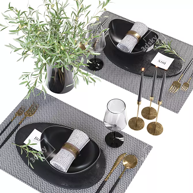 Minimalist Table Set with Olive Branches 3D model image 8