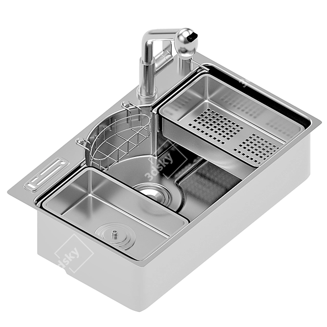 Steel Kitchen Sink with Drain 3D model image 1