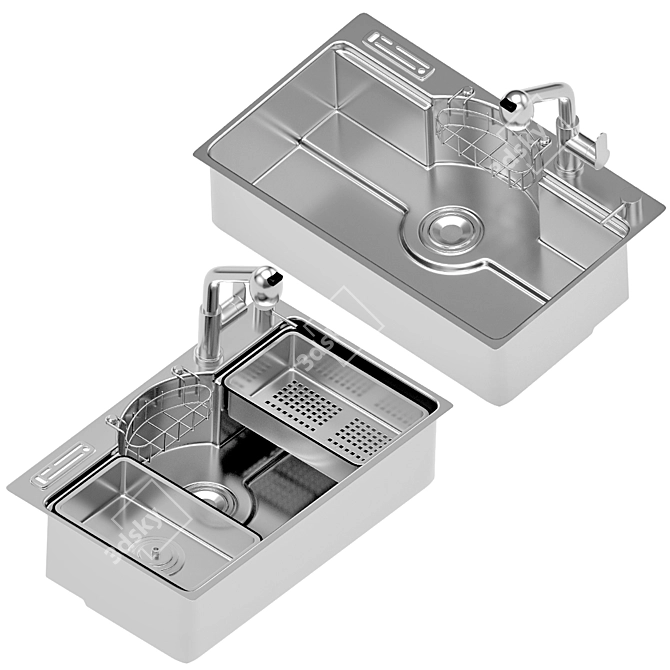 Steel Kitchen Sink with Drain 3D model image 3