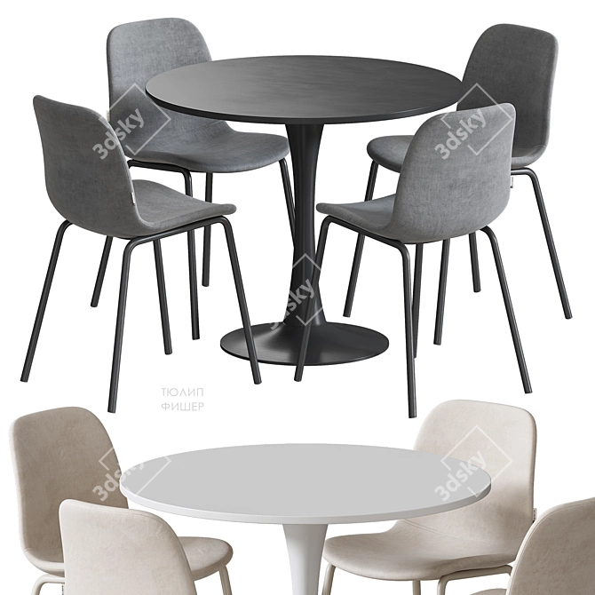  Nordic Dining Set with Grey Upholstery 3D model image 4