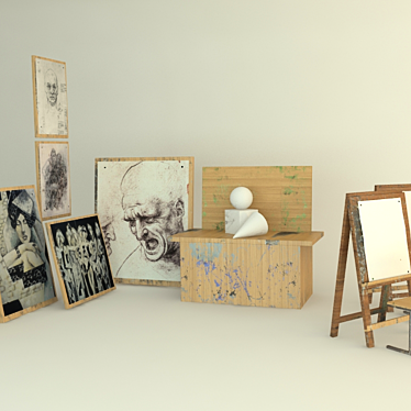 Artistic Essentials: Easel, Tablets, Chairs, Paintings 3D model image 1 