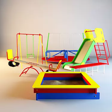 Playground Equipment: Sandbox, Rocker-Balance, Swings, Carousel, Slide, Bench 3D model image 1 