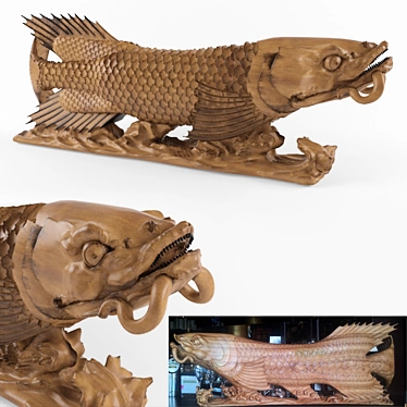 Handcrafted Wooden Carp Fish Sculpture 3D model image 1 