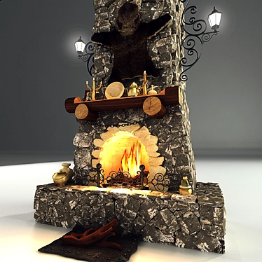 Antique Brick Fireplace with Decorative Stone 3D model image 1 