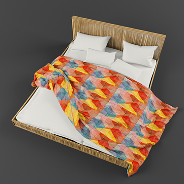 Modern Wooden Bed with Bedding 3D model image 1 