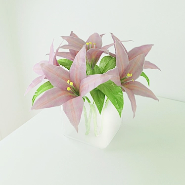 Pink Lily Bouquet in Glass Vase 3D model image 1 