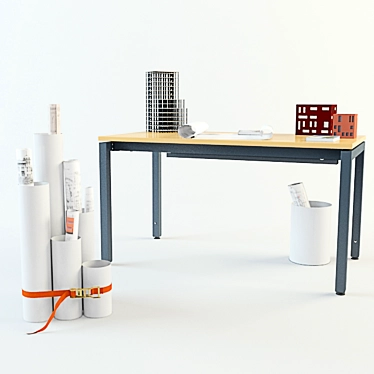 Architect's Workspace Bundle: Adjustable Desk, Drawing Tube, Trash Bin & Accessories 3D model image 1 