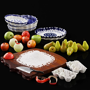 Pie Ingredients Set: Vintage Ceramic Pie Forms, Knife, Cutting Board, Flour, Apples, Pears, Eggs 3D model image 1 