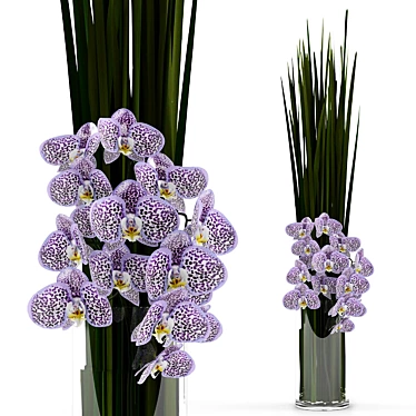 Elegant Orchid Bouquet with Grass Glass Vase 3D model image 1 