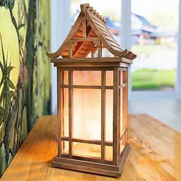 Vintage Japanese Wooden House Lamp 3D model image 1 