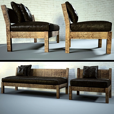 Industrial Wood Leather Bench 3D model image 1 