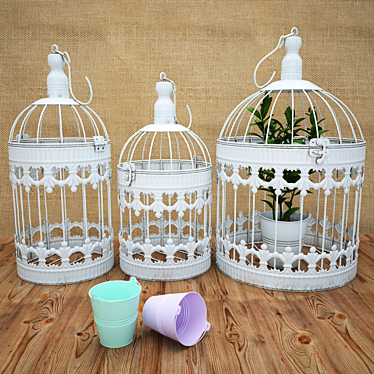 Vintage Rustic Bird Cage Set with Plant: White, Patina, Mint, Pink 3D model image 1 