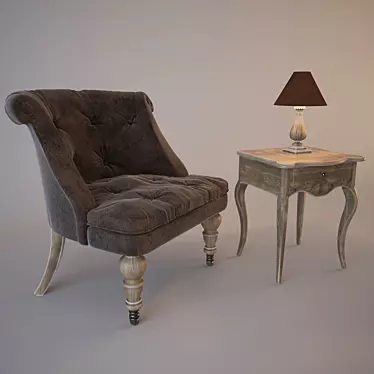 Elegant Velvet Armchair with Artichoke Side Table 3D model image 1 