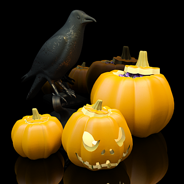 Halloween Decor Set: Pumpkin Lantern, Candy Vase & Crow Statue 3D model image 1 